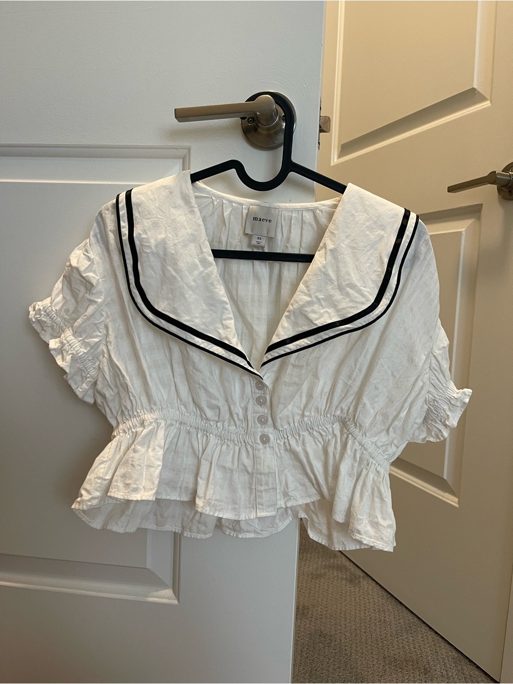 Maeve White Peplum Sailor-Collar Blouse with Black Trim - Anthropology